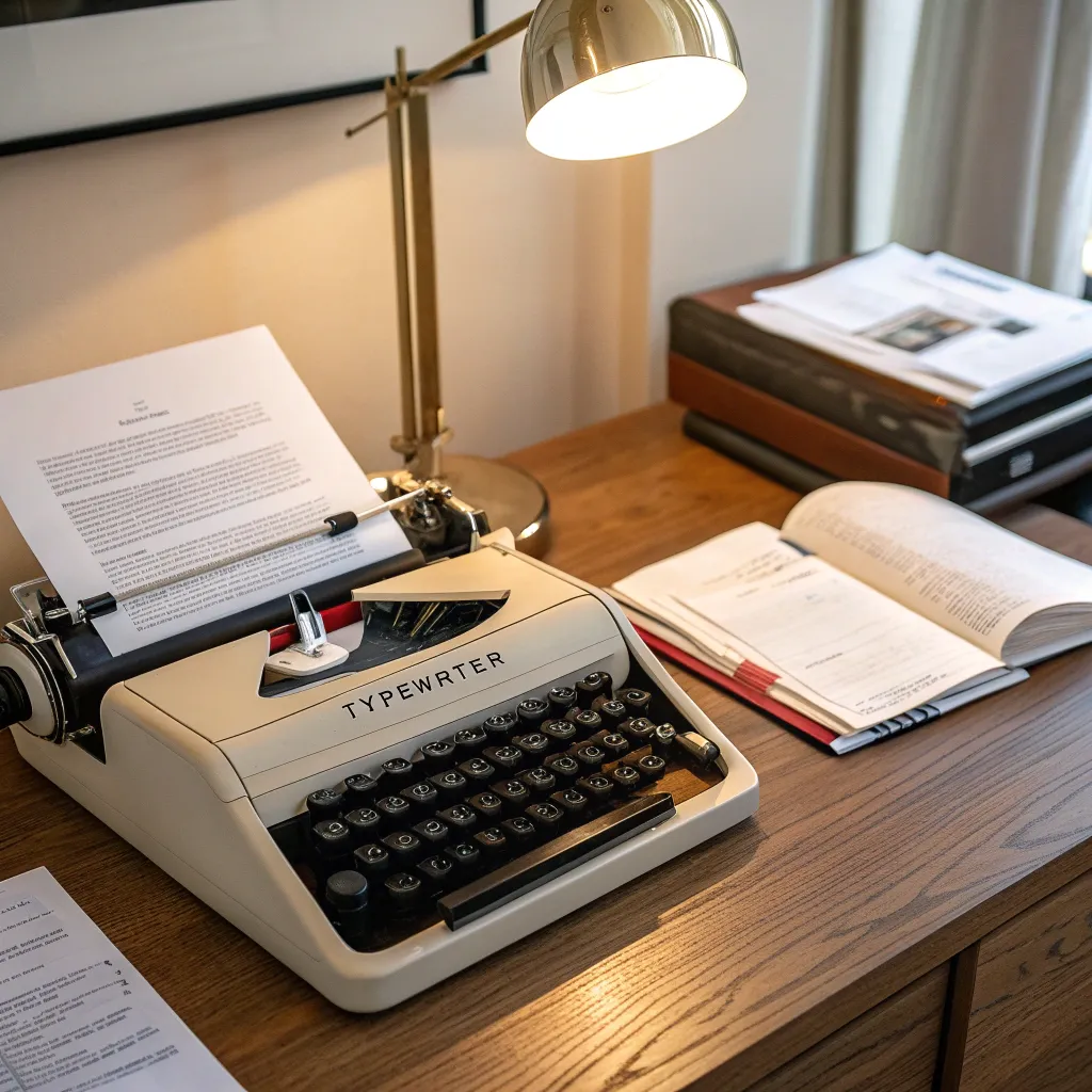 Typewriter with paper and business documents