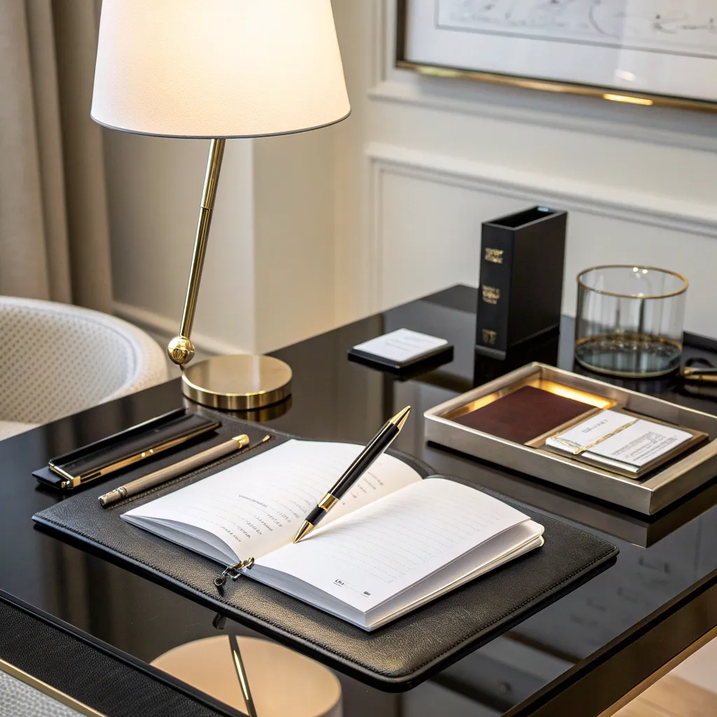 Professional writing desk with notes and pen